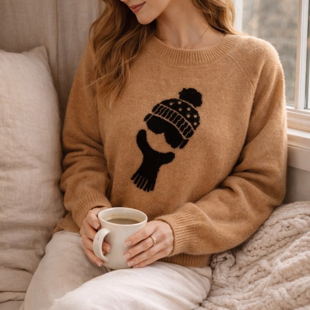 Lou & Grey Womens Graphic Sweater Size XS Camel Brown Casual Cozy Crew Neck